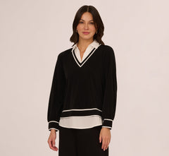 Long Sleeve Collared Twofer Tipped Sweater In Black Ivory W  Ivory