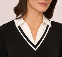 Long Sleeve Collared Twofer Tipped Sweater In Black Ivory W  Ivory
