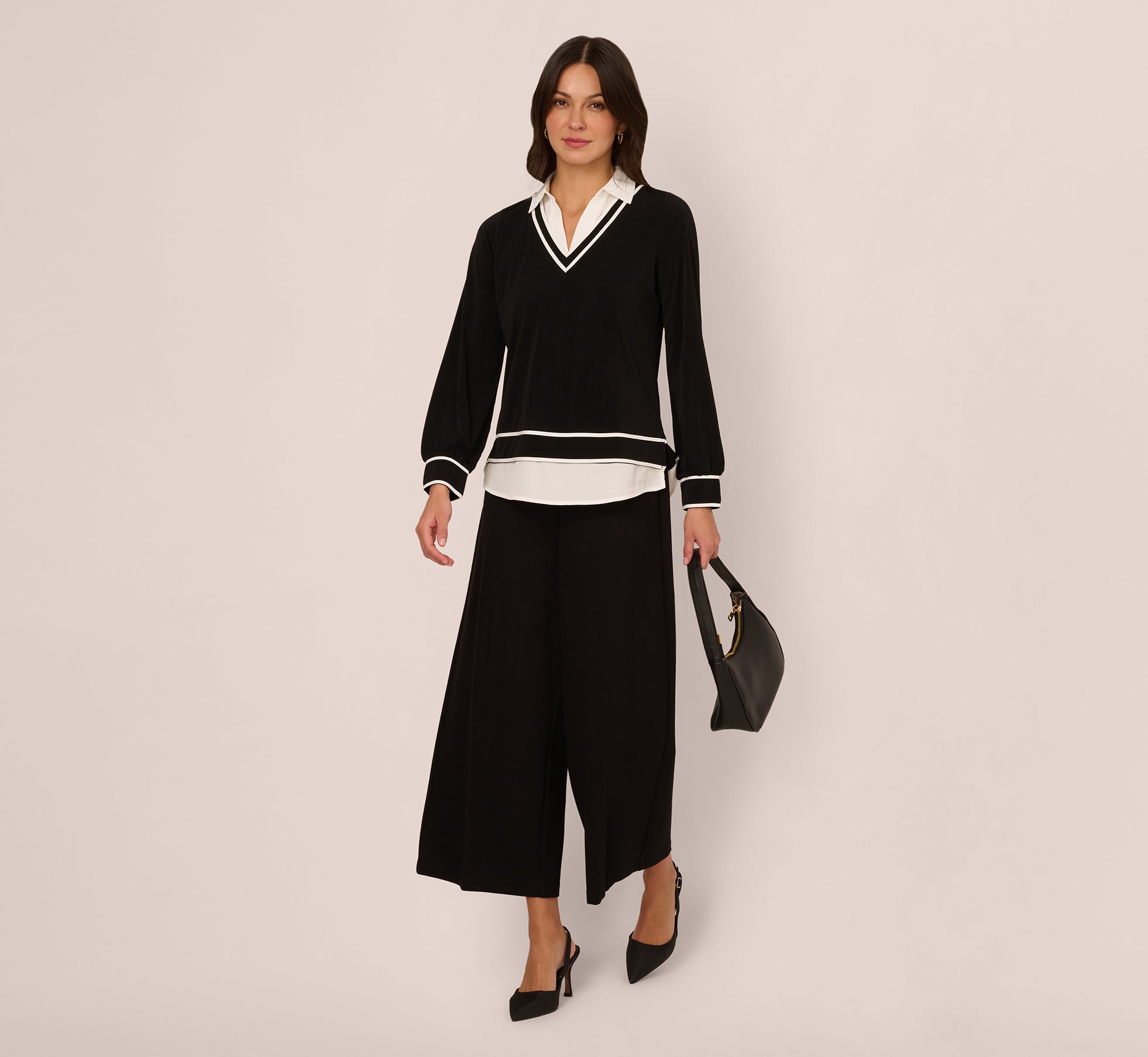 Long Sleeve Collared Twofer Tipped Sweater In Black Ivory W  Ivory