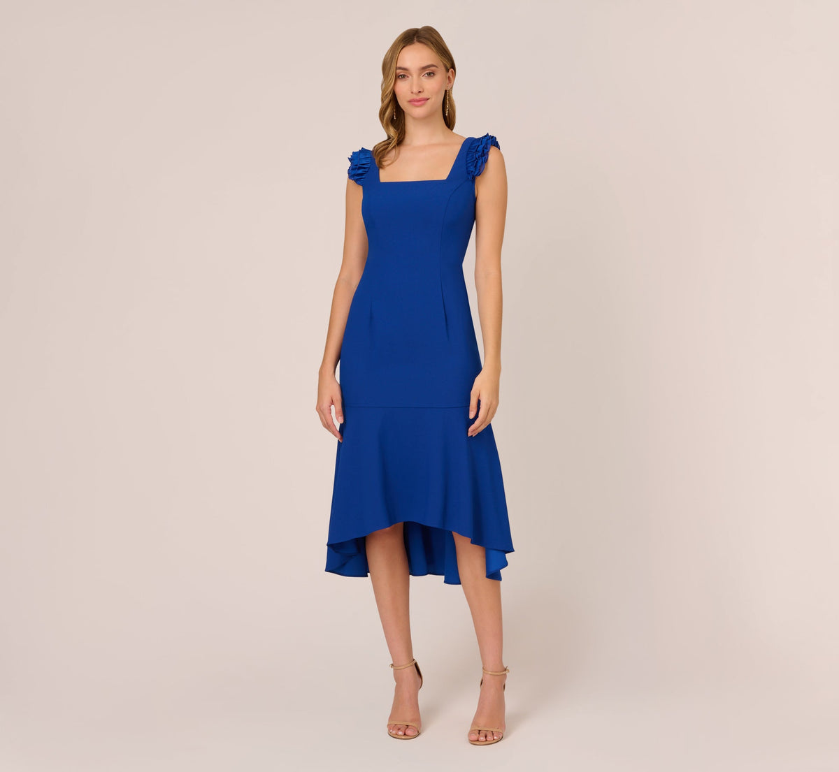 Ruffled Satin Crepe Midi-Length High/Low Cocktail Mermaid Dress In Violet Cobalt