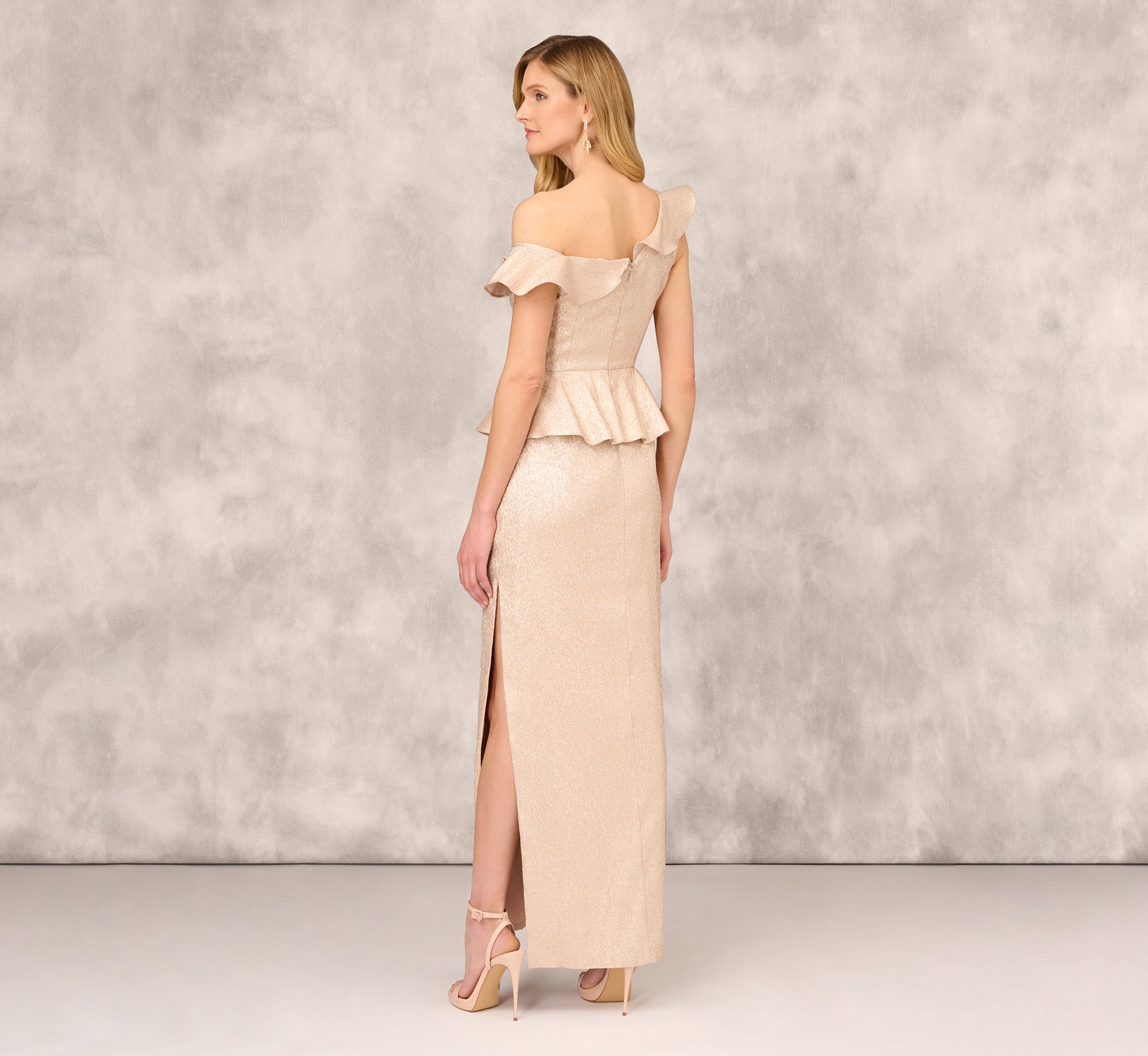 Asymmetrical Column Gown With Ruffle Details In Taupe